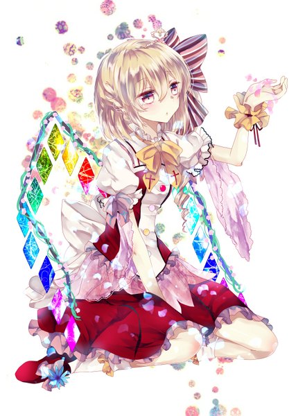 Anime picture 1190x1670 with touhou flandre scarlet ginzuki ringo single tall image short hair simple background blonde hair red eyes white background sitting looking away outstretched arm girl bow hair bow petals wings tiara crystal