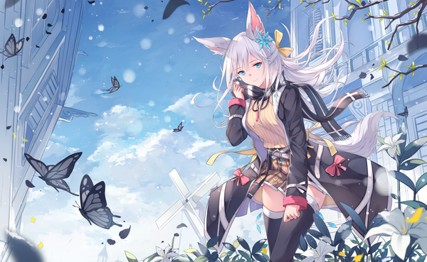 Anime picture 1501x924 with original fuuro (johnsonwade) single long hair looking at viewer fringe breasts blue eyes wide image animal ears sky silver hair cloud (clouds) outdoors tail animal tail arm up wind zettai ryouiki fox ears