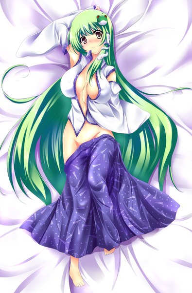 Anime picture 1200x1822 with touhou kochiya sanae sasakuma kyouta single long hair tall image blush breasts light erotic large breasts yellow eyes green hair open clothes girl detached sleeves hair tubes snake frog