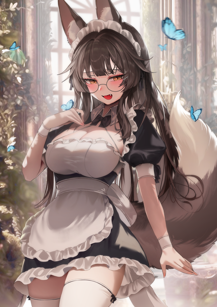 Anime picture 1000x1415 with original zerocat single long hair tall image looking at viewer fringe breasts light erotic brown hair large breasts standing brown eyes animal ears cleavage indoors tail blunt bangs animal tail short sleeves
