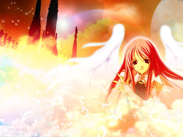 Anime picture 1600x1200 with aquarian age nanase aoi haia single long hair looking at viewer red eyes sky cloud (clouds) upper body red hair light smile inscription lens flare angel wings third-party edit white wings girl earrings animal