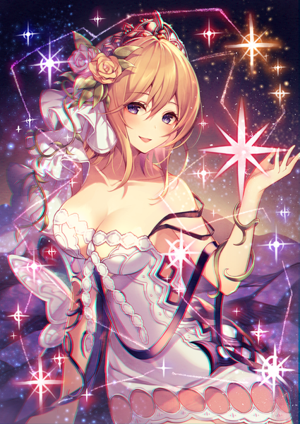 Anime picture 1000x1412 with granblue fantasy europa (granblue fantasy) homaderi single tall image looking at viewer blush fringe short hair breasts open mouth blonde hair smile hair between eyes bare shoulders cleavage arm up hair flower arm support sparkle