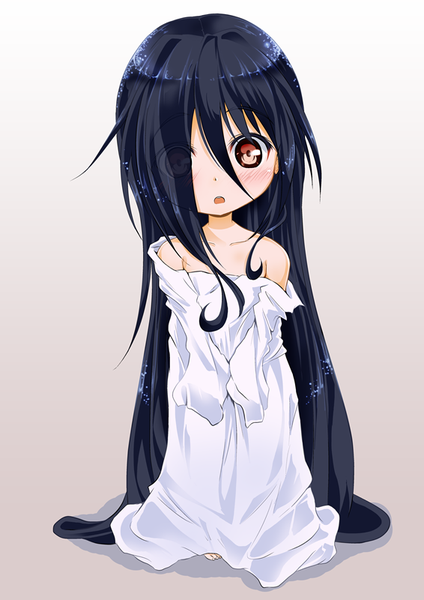 Anime picture 566x800 with the ring yamamura sadako azumawari (azumofu) single tall image looking at viewer blush fringe open mouth red eyes standing bare shoulders blue hair long sleeves very long hair hair over one eye grey background gradient background strap slip surprised