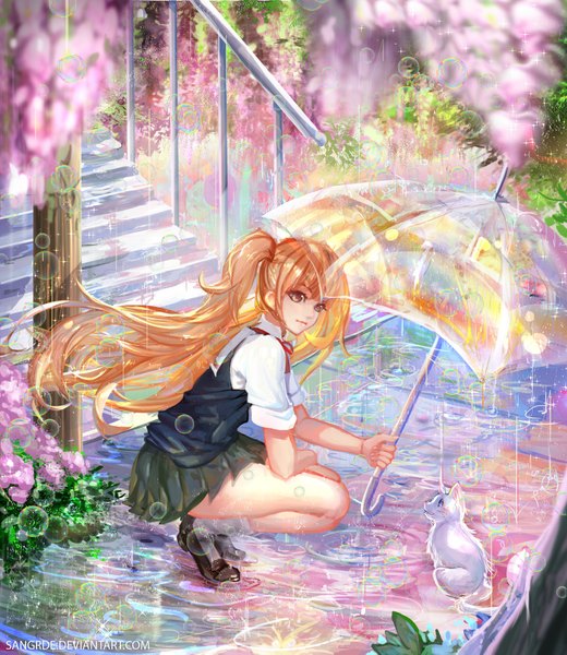 Anime picture 1800x2075 with original sangrde single long hair tall image fringe highres blonde hair twintails holding signed yellow eyes payot looking away full body bent knee (knees) outdoors pleated skirt wind sparkle