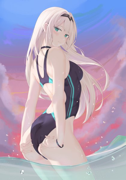 Anime picture 1400x2000 with girls frontline an-94 (girls frontline) ru zhai single long hair tall image looking at viewer blush fringe light erotic blonde hair standing bare shoulders payot sky cloud (clouds) outdoors ass aqua eyes fingernails