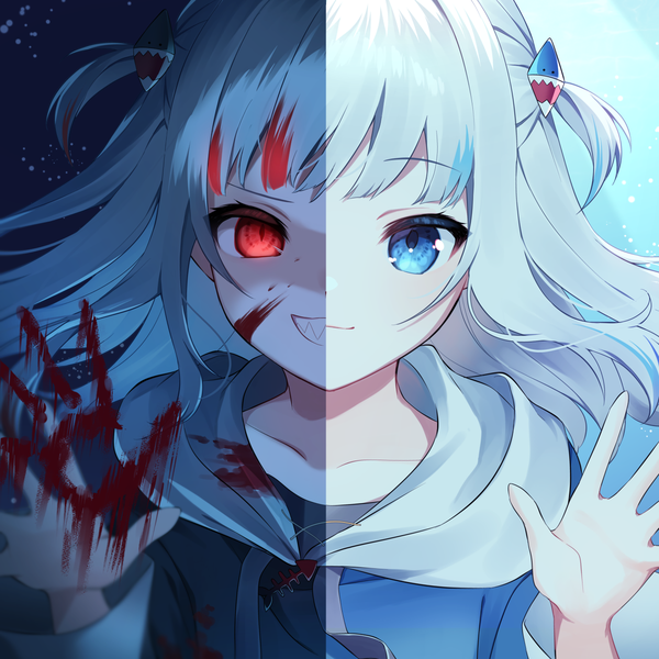 Anime picture 1234x1234 with virtual youtuber hololive hololive english reflect (gawr gura) gawr gura gawr gura (1st costume) mochizuki mochi single long hair blue eyes smile red eyes silver hair multicolored hair official art two side up streaked hair grin multiview blood on face