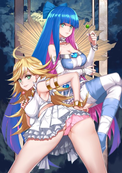 Anime picture 868x1228 with panty & stocking with garterbelt anarchy stocking anarchy panty realmbw long hair tall image light erotic blonde hair multiple girls green eyes blue hair pink hair ahoge ass multicolored hair two-tone hair colored inner hair girl thighhighs dress