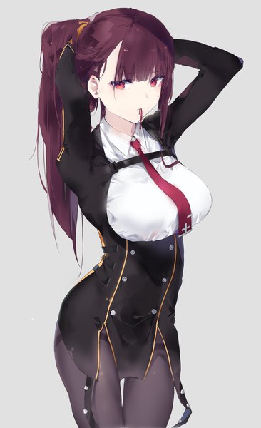 Anime picture 1700x2786 with girls frontline wa2000 (girls frontline) tr (hareru) single long hair tall image fringe breasts simple background red eyes brown hair large breasts standing holding payot looking away ponytail blunt bangs grey background arms up