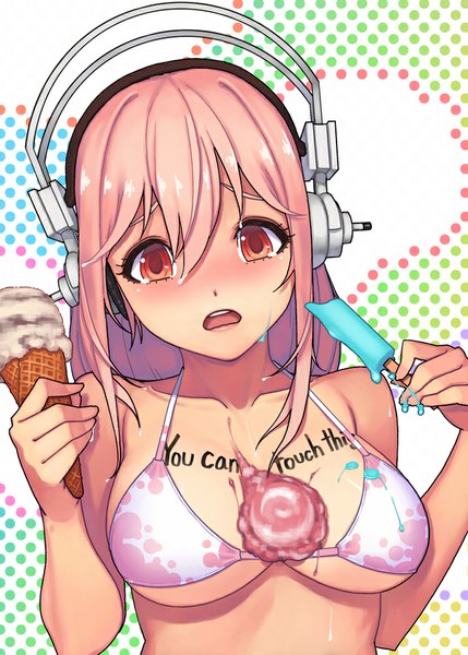Anime picture 687x960 with nitroplus super sonico yuksi (loveispbb) single long hair tall image looking at viewer blush breasts light erotic large breasts pink hair pink eyes inscription tattoo text close-up english polka dot girl