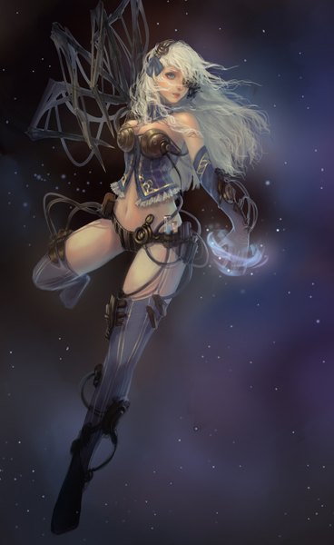 Anime-Bild 800x1305 mit c-munin single long hair tall image looking at viewer blush breasts open mouth light erotic large breasts standing bare shoulders cleavage silver hair lips bare belly dark background space weightlessness girl