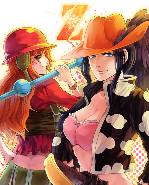 Anime picture 1000x1239 with one piece one piece film: z toei animation nami (one piece) nico robin teebohne long hair tall image looking at viewer blue eyes black hair multiple girls brown eyes looking back orange hair open clothes open jacket hand on hip girl weapon