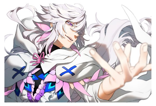Anime picture 2192x1500 with fate (series) fate/grand order merlin (fate) xxxsenon single fringe highres hair between eyes purple eyes looking away silver hair upper body very long hair fingernails border boy hood