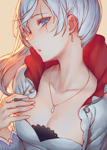 Anime picture 639x898 with rwby rooster teeth weiss schnee ac (eshi) single long hair tall image looking at viewer blush fringe breasts blue eyes simple background cleavage silver hair upper body parted lips profile scar brown background