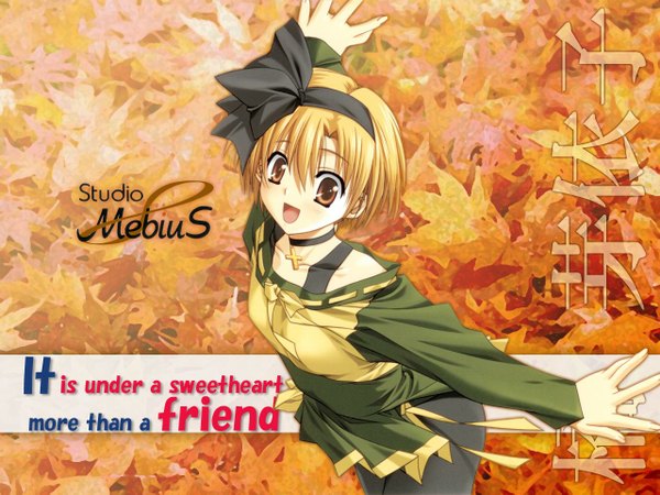 Anime picture 1280x960 with snow (game) studio mebius tachibana meiko short hair blonde hair brown eyes wallpaper autumn ranguage engrish choker hairband leaf (leaves) cross bike shorts