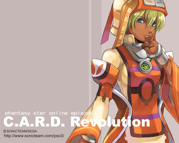 Anime picture 1280x1024 with phantasy star phantasy star online sega single blue eyes blonde hair signed dark skin girl uniform detached sleeves armor helmet card revolution