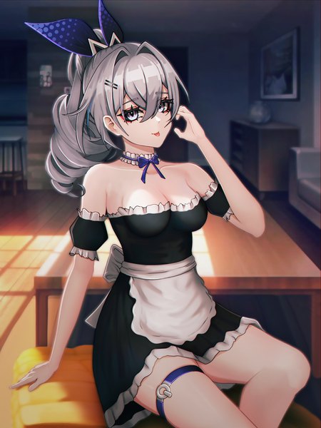 Anime picture 3000x4000 with honkai: star rail honkai (series) silver wolf (honkai: star rail) absurd fox single long hair tall image looking at viewer fringe highres breasts light erotic hair between eyes silver hair ponytail maid alternate costume sleeveless drill hair frilled dress