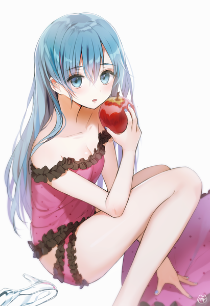 Anime picture 988x1442 with vocaloid romeo to cinderella (vocaloid) hatsune miku haruri single long hair tall image looking at viewer fringe light erotic simple background hair between eyes white background sitting signed cleavage nail polish aqua eyes aqua hair sparkle