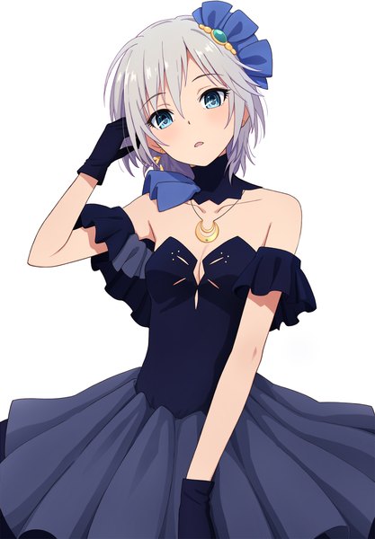 Anime picture 1648x2368 with idolmaster idolmaster cinderella girls anastasia (idolmaster) yahiro (epicopeiidae) single tall image looking at viewer fringe open mouth blue eyes silver hair head tilt short sleeves outstretched arm adjusting hair project krone girl dress gloves hair ornament
