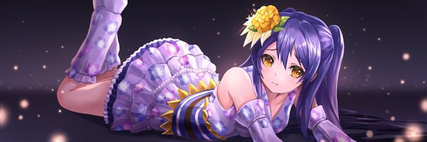 Anime picture 1500x500 with love live! school idol project love live! school idol festival sunrise (studio) love live! sonoda umi lunacle single long hair looking at viewer fringe hair between eyes wide image twintails bare shoulders yellow eyes payot purple hair bent knee (knees) lying hair flower