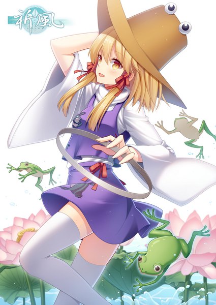 Anime-Bild 800x1130 mit touhou moriya suwako hitsuki rei single long hair tall image blush open mouth blonde hair yellow eyes :d zettai ryouiki hand on head tress ribbon girl thighhighs skirt flower (flowers) ribbon (ribbons) hair ribbon