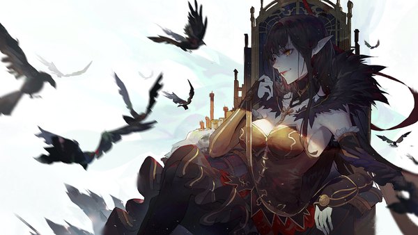 Anime picture 1400x790 with fate (series) fate/apocrypha semiramis (fate) kuroduki (pieat) single long hair blush fringe breasts black hair smile hair between eyes wide image sitting yellow eyes looking away cleavage pointy ears sunlight blurry