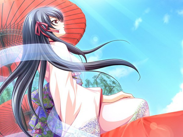 Anime picture 1024x768 with gachi otome quintet long hair black hair red eyes game cg girl umbrella yukata