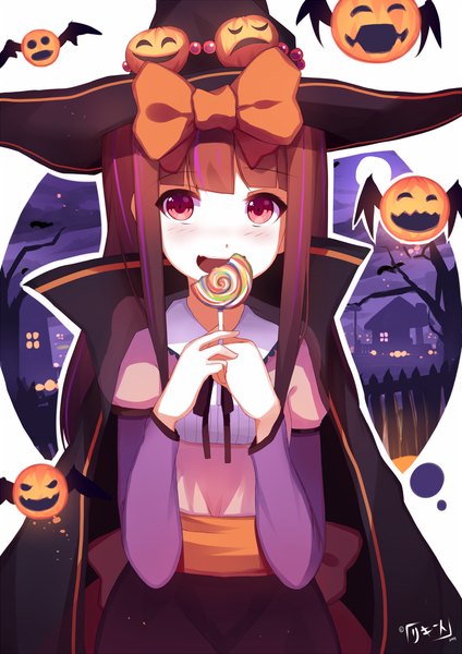 Anime picture 800x1131 with original riki-to single long hair tall image looking at viewer blush open mouth brown hair pink eyes halloween witch girl dress bow hat food sweets witch hat candy