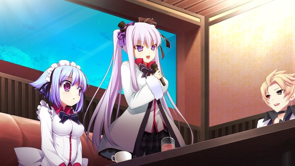 Anime picture 1280x720 with chuning lover tougetsuin aisu eru alfred koso long hair short hair open mouth wide image purple eyes twintails multiple girls blue hair game cg white hair maid girl dress boy ribbon (ribbons) 2 girls