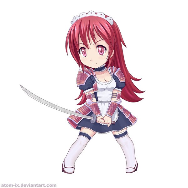 Anime picture 1024x1024 with atomix long hair blush smile white background red hair pink eyes maid chibi girl thighhighs skirt white thighhighs sword katana