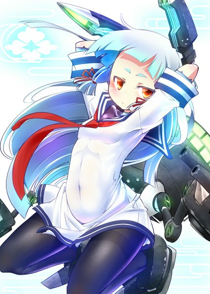 Anime picture 854x1195 with kantai collection murakumo destroyer nanana (artist) single long hair tall image looking at viewer blush red eyes blue hair loli covered navel arms behind head tress ribbon girl ribbon (ribbons) weapon hair ribbon pantyhose necktie