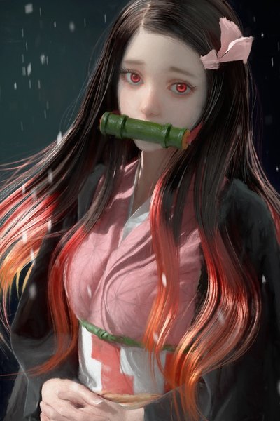 Anime picture 1000x1500 with kimetsu no yaiba ufotable kamado nezuko cursedapple single long hair tall image looking at viewer red eyes brown hair red hair traditional clothes japanese clothes fingernails realistic gradient hair covered mouth hands clasped interlocked fingers girl