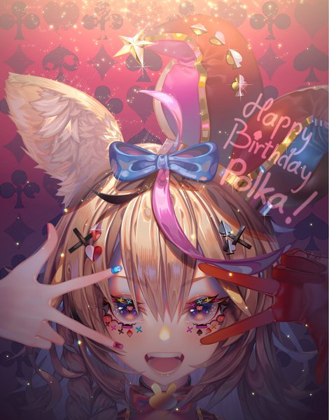 Anime picture 1422x1816 with virtual youtuber hololive omaru polka diyokama single long hair tall image looking at viewer fringe open mouth blonde hair hair between eyes purple eyes animal ears nail polish :d character names victory happy birthday girl