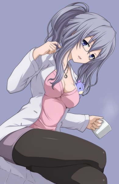 Anime picture 1042x1600 with date a live murasame reine shira-nyoro single long hair tall image looking at viewer blue eyes ponytail grey hair crossed legs girl pantyhose glasses pendant labcoat