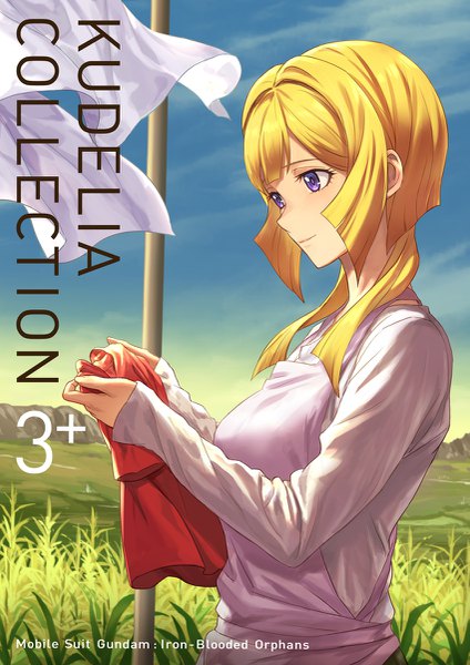 Anime picture 849x1200 with mobile suit gundam gundam tekketsu no orphans sunrise (studio) kudelia aina bernstein guchico single long hair tall image breasts blonde hair smile standing purple eyes holding sky upper body outdoors copyright name character names looking down