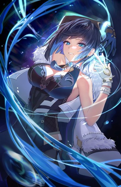 Anime picture 1800x2778 with genshin impact yelan (genshin impact) siole single tall image fringe highres short hair breasts blue eyes smile large breasts standing bare shoulders signed blue hair blunt bangs parted lips arm up twitter username