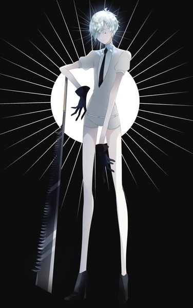 Anime picture 2500x3990 with houseki no kuni antarcticite kayanogura single tall image fringe highres short hair standing silver hair hair over one eye arm support puffy sleeves black background silver eyes shiny androgynous long legs gloves uniform