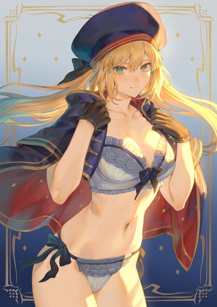 Anime picture 1447x2047 with fate (series) fate/grand order artoria pendragon (all) artoria caster (fate) mashuu (neko no oyashiro) single long hair tall image looking at viewer blush fringe breasts light erotic simple background blonde hair hair between eyes standing green eyes cleavage light smile