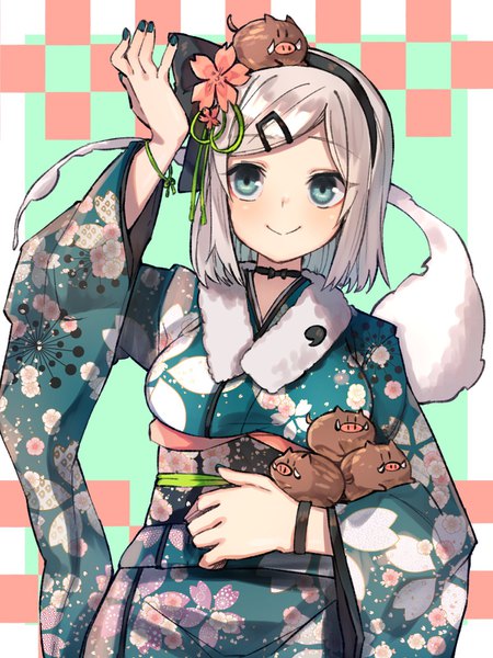 Anime picture 1200x1600 with touhou konpaku youmu myon kneesocks senritsu single tall image blush short hair breasts blue eyes simple background smile large breasts standing silver hair nail polish traditional clothes japanese clothes arm up hair flower