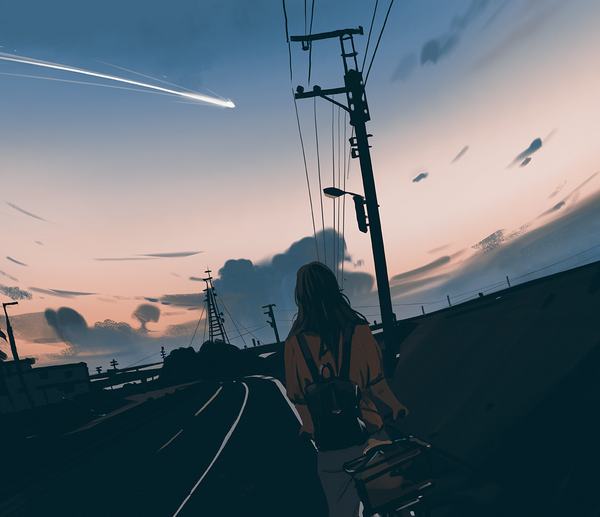 Anime picture 1200x1034 with original snatti single brown hair cloud (clouds) outdoors from behind dutch angle evening sunset shooting star twilight girl star (stars) bag ground vehicle backpack power lines road bicycle