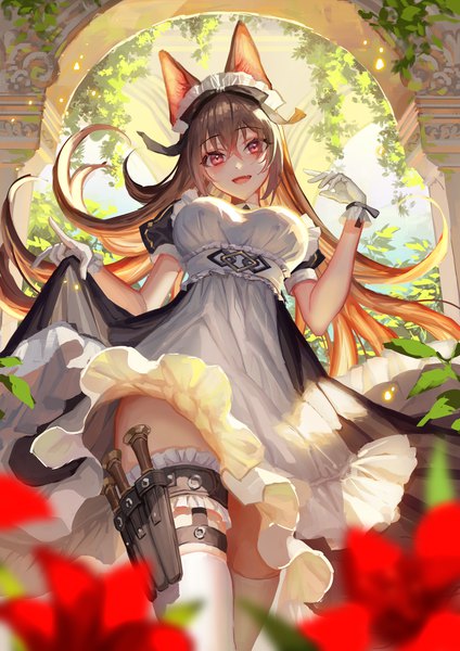 Anime picture 1447x2047 with original okuma mai single long hair tall image looking at viewer blush fringe open mouth smile hair between eyes red eyes brown hair standing animal ears head tilt :d blurry cat ears from below