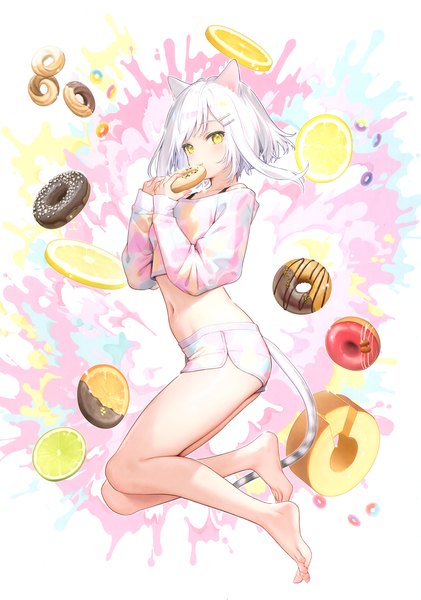 Anime picture 2137x3045 with original eshi 100-nin ten mignon single tall image looking at viewer fringe highres short hair standing bare shoulders holding animal ears yellow eyes full body bent knee (knees) white hair tail long sleeves animal tail