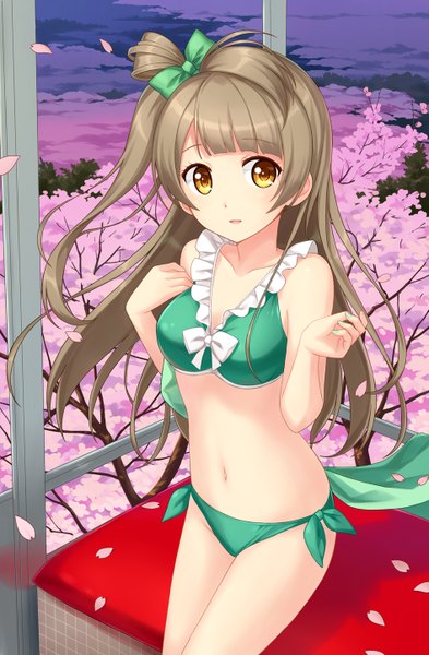 Anime picture 945x1440 with love live! school idol project sunrise (studio) love live! minami kotori tucana single long hair tall image looking at viewer light erotic brown hair sitting brown eyes one side up cherry blossoms girl bow swimsuit plant (plants) hair bow