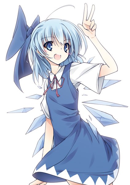 Anime picture 565x800 with touhou cirno itsutsuki single tall image blush short hair open mouth blue eyes simple background white background blue hair looking away ahoge victory girl bow hair bow wings ice