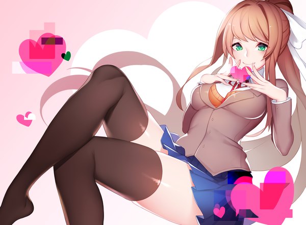 Anime picture 3000x2200 with doki doki literature club monika (doki doki literature club) nanoless single long hair looking at viewer fringe highres breasts smile brown hair sitting bare shoulders holding green eyes payot bent knee (knees) ponytail pleated skirt no shoes