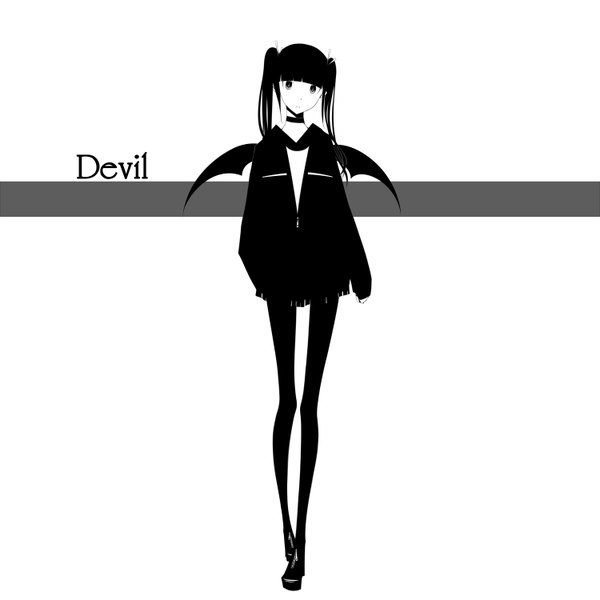 Anime picture 1500x1500 with original haru@ single long hair looking at viewer black hair simple background white background twintails black eyes inscription monochrome demon girl bat wings demon wings demon :< girl pantyhose wings