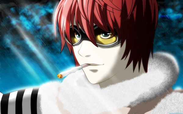 Anime picture 2560x1600 with death note madhouse matt chibionpu single highres short hair blue eyes wide image looking away red hair smoke vector smoking boy sunglasses cigarette