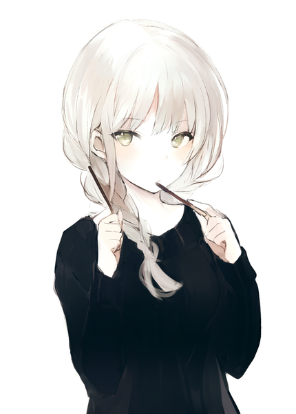 Anime picture 670x934 with original lpip single long hair tall image looking at viewer blush fringe simple background white background holding green eyes upper body white hair braid (braids) long sleeves single braid pale skin pocky day girl