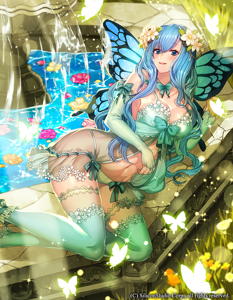 Anime picture 800x1027 with gyakushuu no fantasica katagiri hachigou single long hair tall image looking at viewer blush blue eyes light erotic blue hair hair flower insect wings butterfly wings girl thighhighs dress navel flower (flowers) wings water