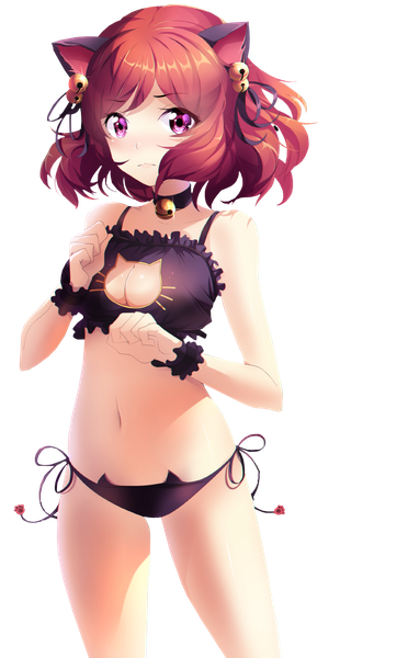 Anime picture 745x1200 with love live! school idol project sunrise (studio) love live! nishikino maki squchan single tall image looking at viewer short hair breasts light erotic purple eyes animal ears red hair cat ears cat girl underwear only transparent background cleavage cutout paw pose