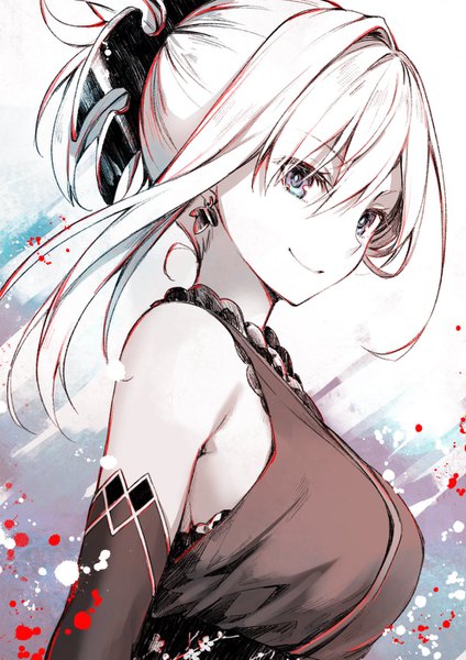 Anime picture 992x1403 with fate (series) fate/grand order miyamoto musashi (fate) toosaka asagi single long hair tall image looking at viewer fringe breasts blue eyes smile hair between eyes bare shoulders upper body sideboob monochrome spot color girl hair ornament